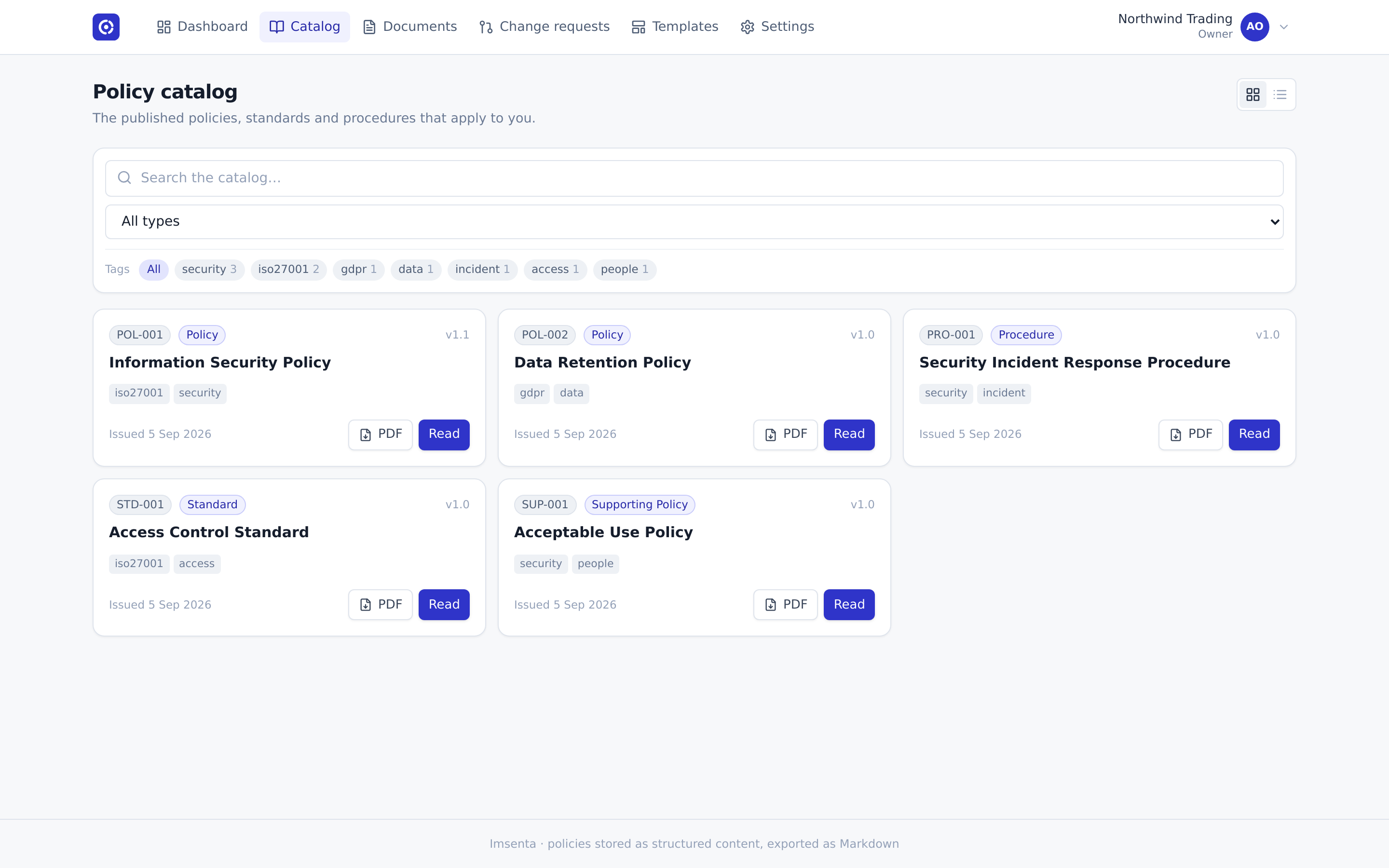 The policy catalog: a search box, type and tag filters, and cards for each published document with its reference, version, issue date, a Read button and a PDF download.