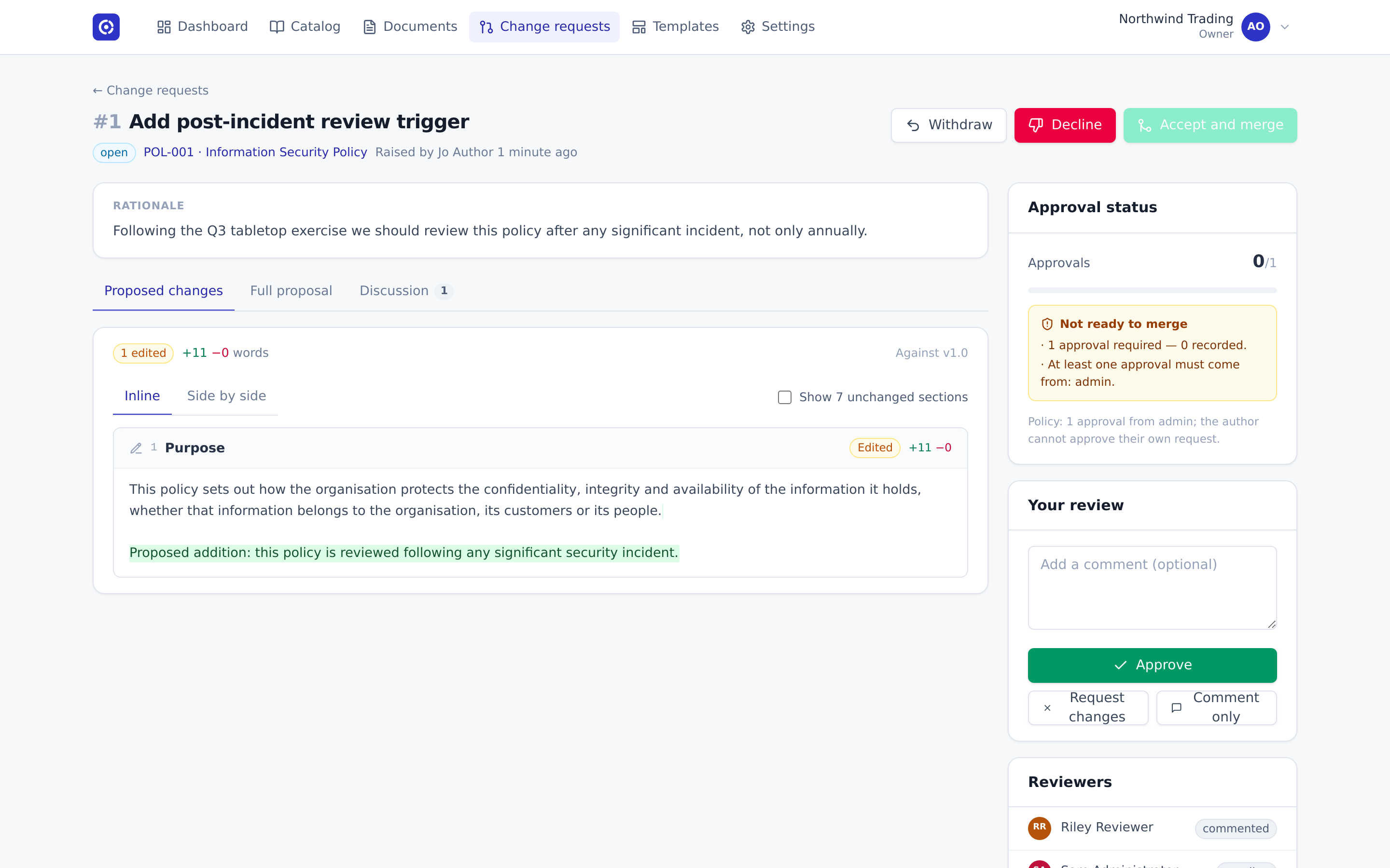A change request showing its rationale, a clause-level diff against version 1.0, the approval rule in force and the reviewers assigned to it.